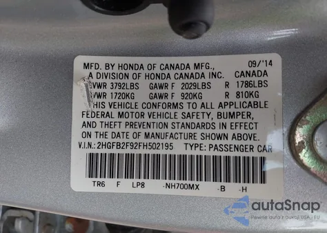 2015 Honda Civic Exl z USA, uszkodzony, nr VIN 2HGFB2F92FH502195